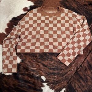 SHEIN Brown and Cream Checkered  Cropped Sweater